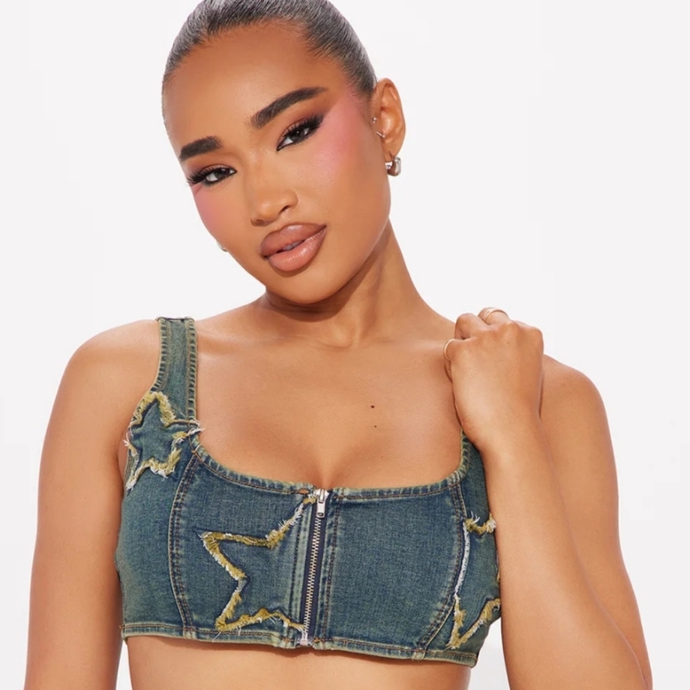 NWT FASHION NOVA STARRY ENERGY Denim Top Vintage Blue XS